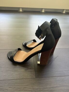 Call It Spring Black Ankle-Strap Block Heel Sandals with Wood-Look Heel